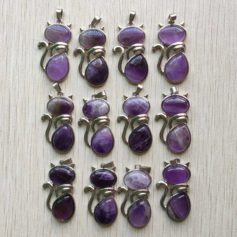12pcs Natural Amethyst Stone Cat Shape Pendants for Jewelry Making