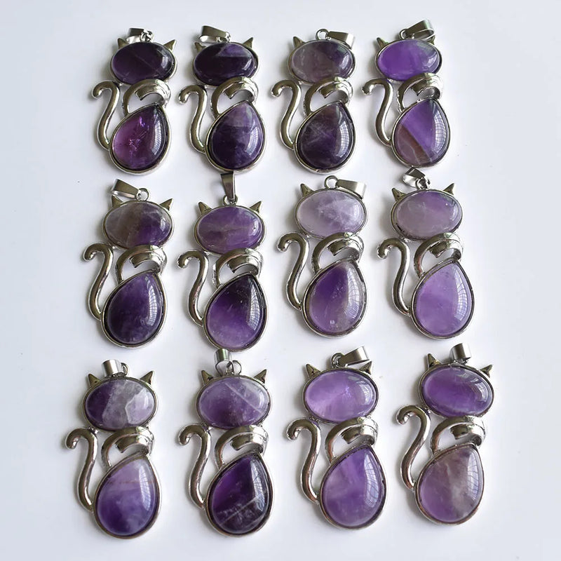 12pcs Natural Amethyst Cat Shape Pendants for Jewelry Making