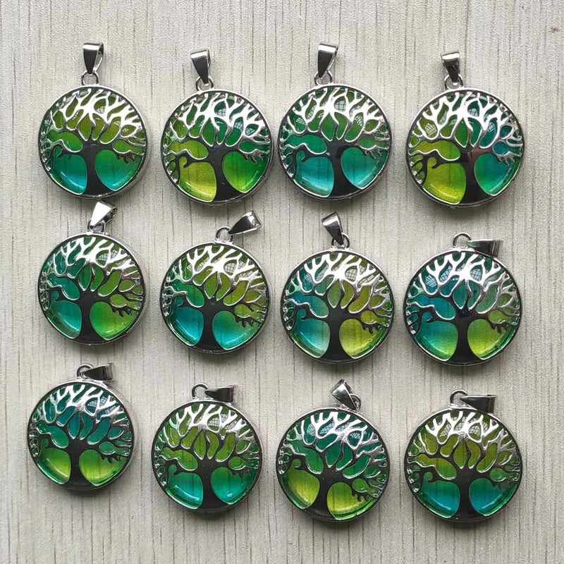 12pcs Green Glass Alloy Tree of Life Pendants Jewelry Making