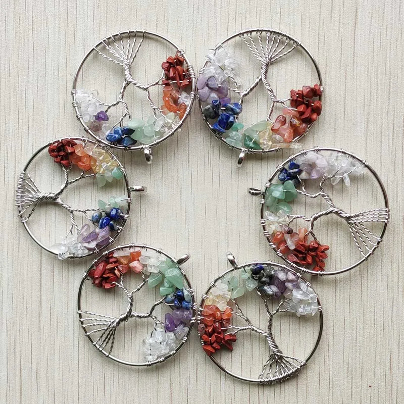 12pcs/lot 7 Chakra Natural Stone Tree of Life Pendulum Pendants
