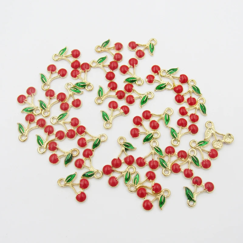 30pcs Full Enamel Cherry Charm Pendants for DIY Jewelry Making