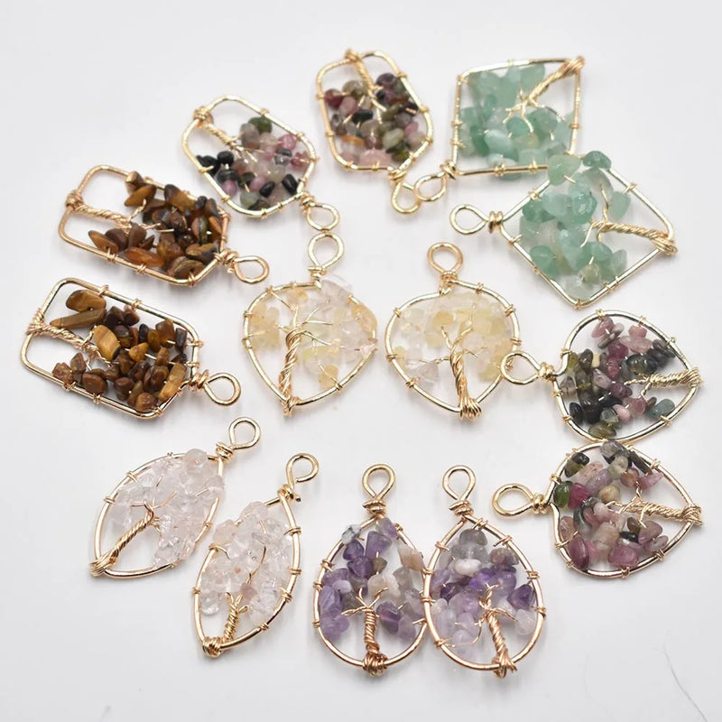 14pcs Mixed Crystal Tree of Life Wire Wrapped Pendants for Jewelry Making