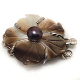 Button Pearl & Shell Flower Clasp, 3 Rows, 14x30mm