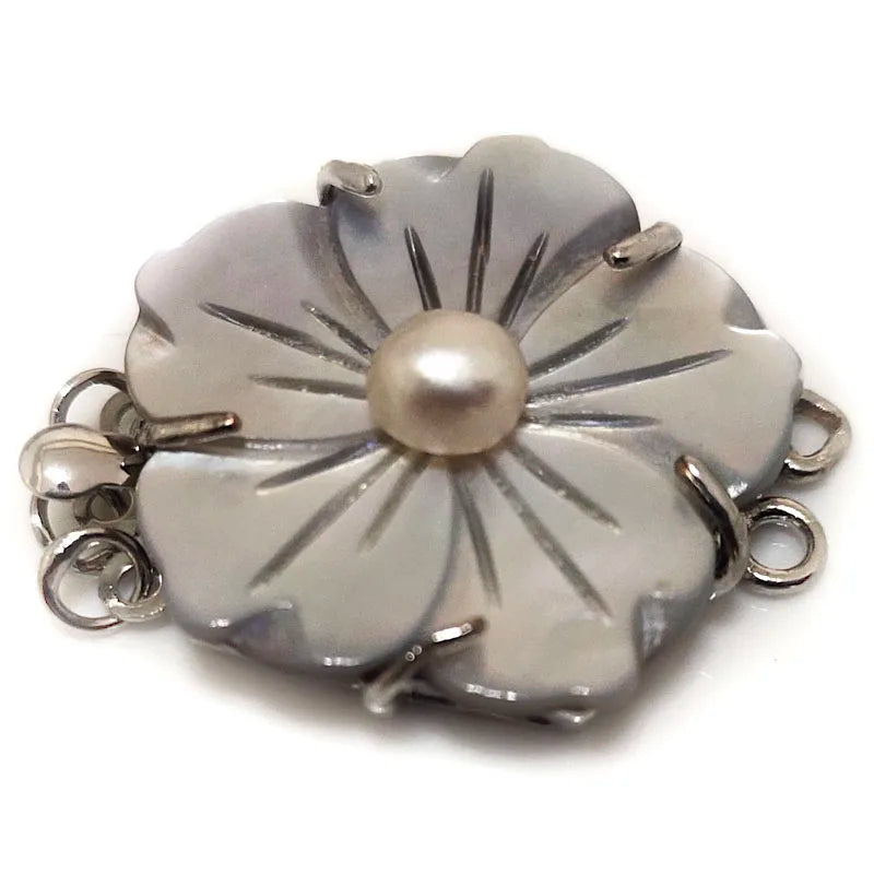 Button Pearl & Shell Flower Clasp, 3 Rows, 14x30mm