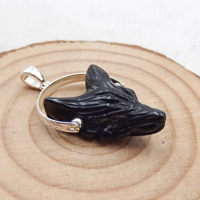 Natural Chrysocolla Carved Wolf Head Pendant Sterling Silver Charm Making