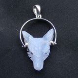 Natural Stone Lace Agate Carved Wolf Head Sterling Silver Pendant