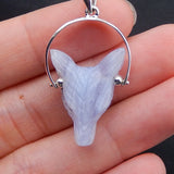 Natural Stone Lace Agate Carved Wolf Head Sterling Silver Pendant