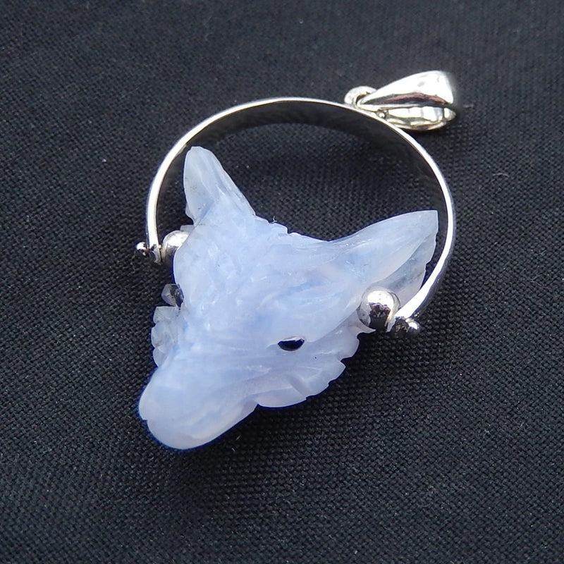 Natural Stone Lace Agate Carved Wolf Head Sterling Silver Pendant