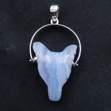 Natural Stone Lace Agate Carved Wolf Head Sterling Silver Pendant