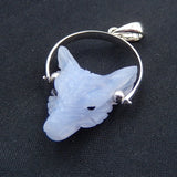 Natural Stone Lace Agate Carved Wolf Head Sterling Silver Pendant