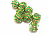 20mm Light Green/Gold Stripe Resin Rhinestone Ball Beads