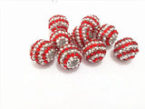 20mm Red Silvery Striped Resin Rhinestone Ball Beads - 100pcs