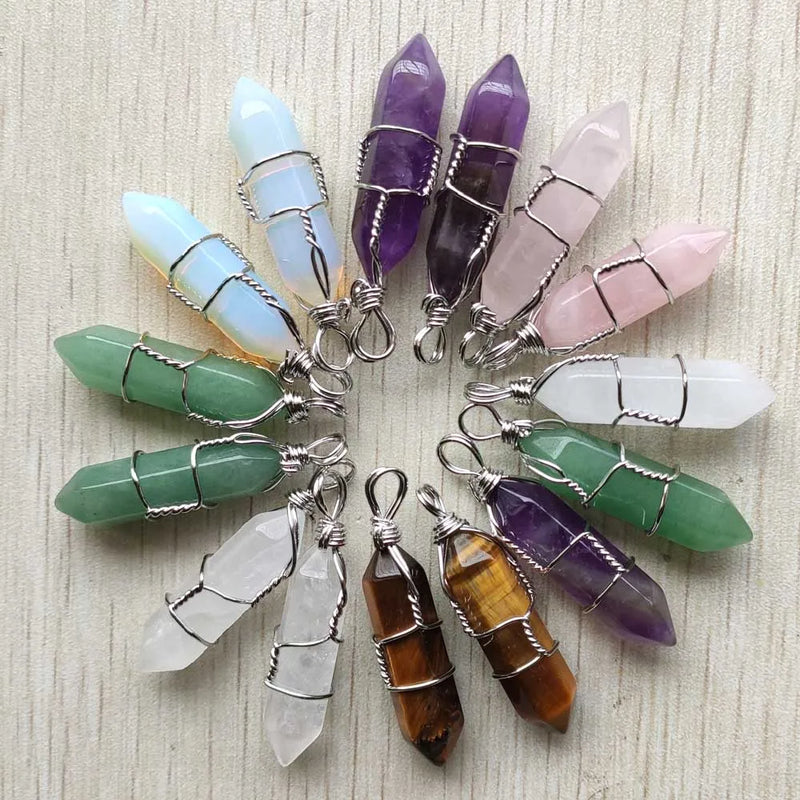 20pcs Natural Stone Silver Pillar Charms 8x32mm for Jewelry Making