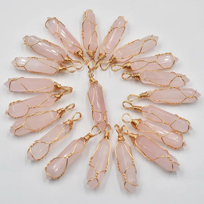 20pcs Natural Rose Quartz Iron Wire Pendants for Jewelry Making