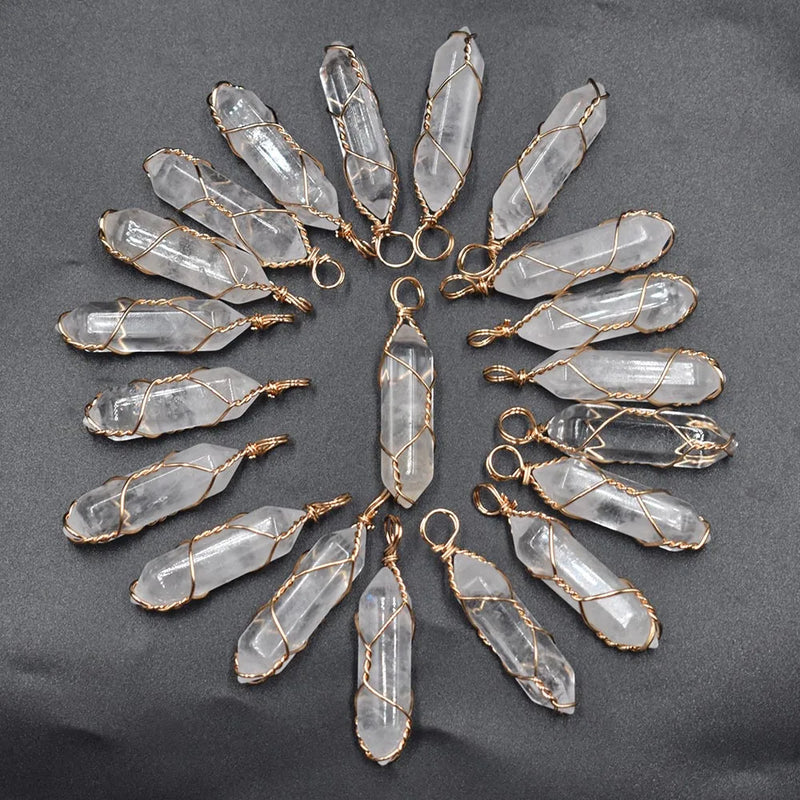 20pcs Natural Stone Crystal Pillar Point Wire Pendants