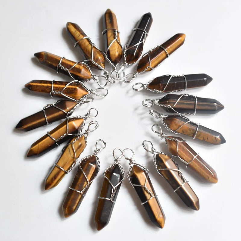 20pcs Tiger Eye Stone Pillar Pendants for Jewelry Making
