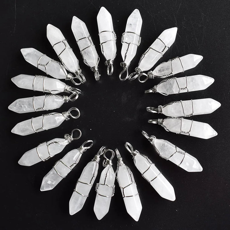 20pcs Natural Crystal Point Iron Wire Pendants Jewelry Making