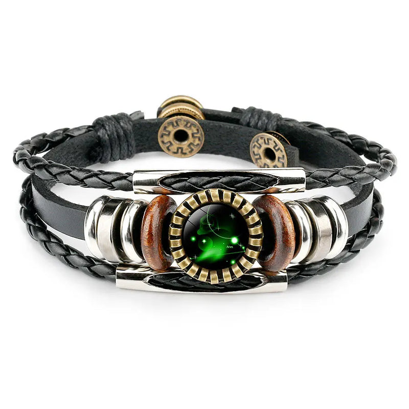 Zodiac Sign Charm Bracelet 12 Constellation Leather Wrap Bangle