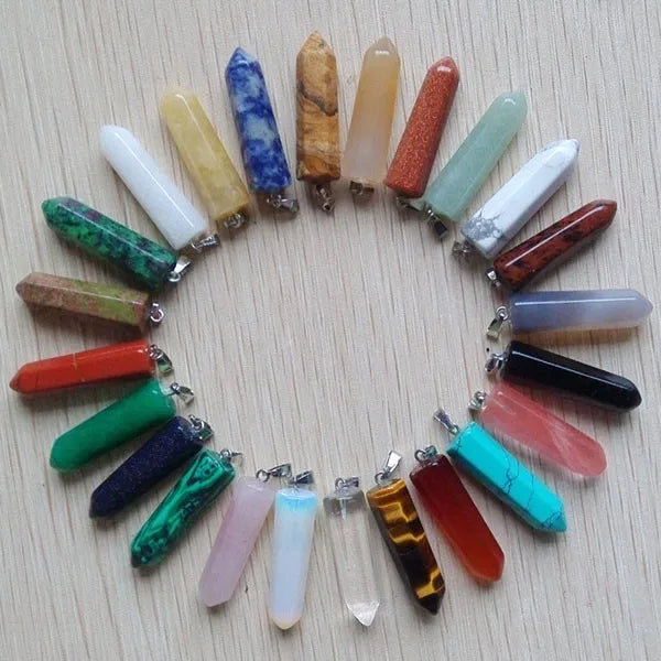 24pcs Natural Stone Pendants Assorted Point Charms Hexagonal Pillar Pendant