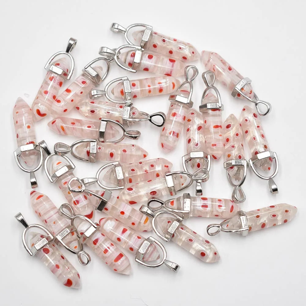 24pcs Colored Glass Flower Hexagonal Column Necklace Pendants