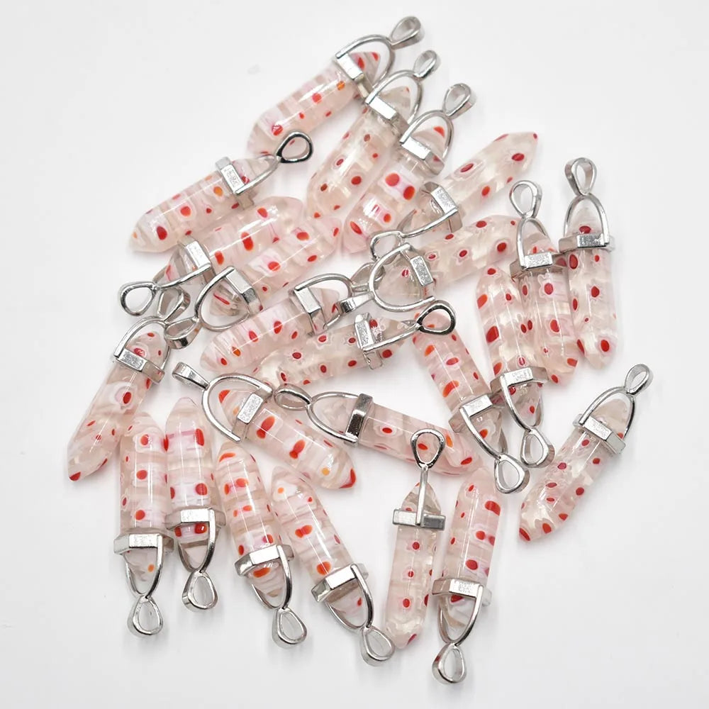 24pcs Colored Glass Flower Hexagonal Column Necklace Pendants
