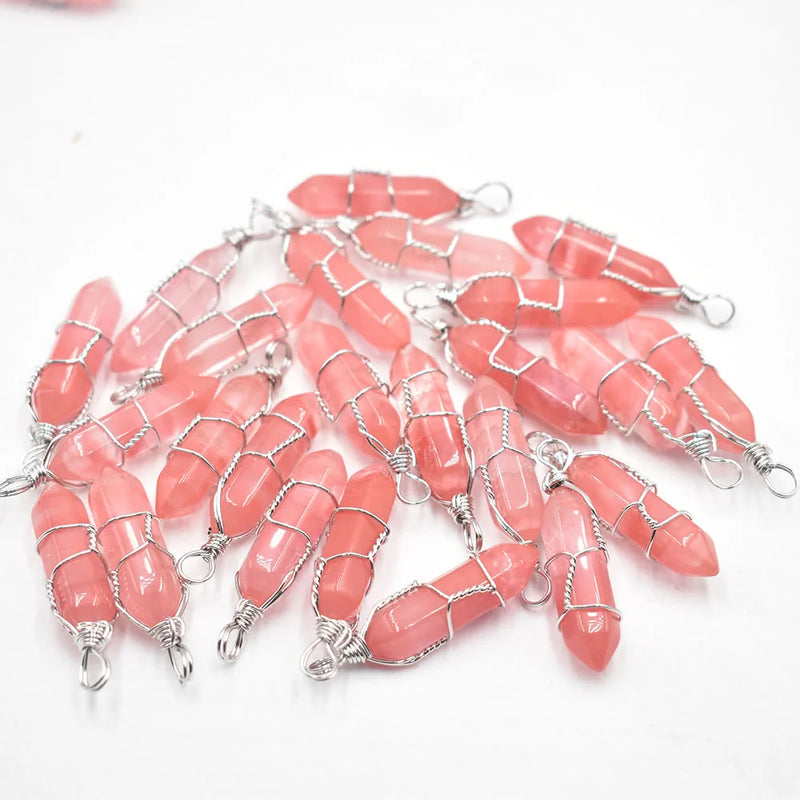 24pcs Watermelon Red Stone Pillar Shape Point Iron Wire Pendants