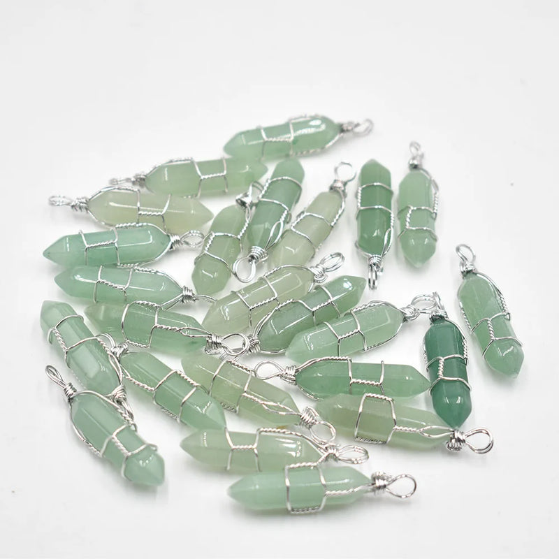 24pcs Green Aventurine Pillar Point Wire Pendants