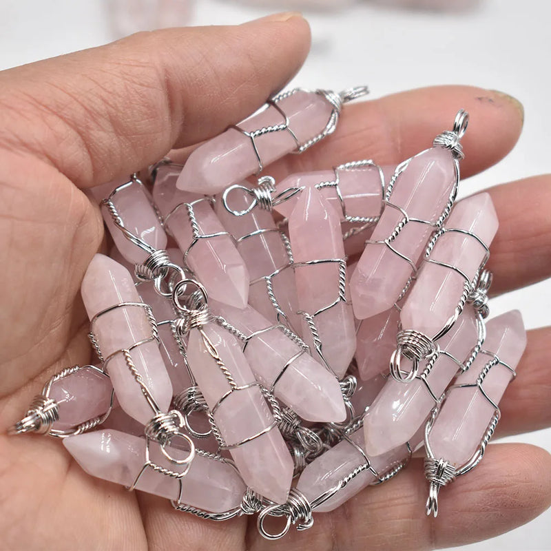 24pcs Natural Stone Roses Quartz Pillar Point Pendants for Jewelry Making