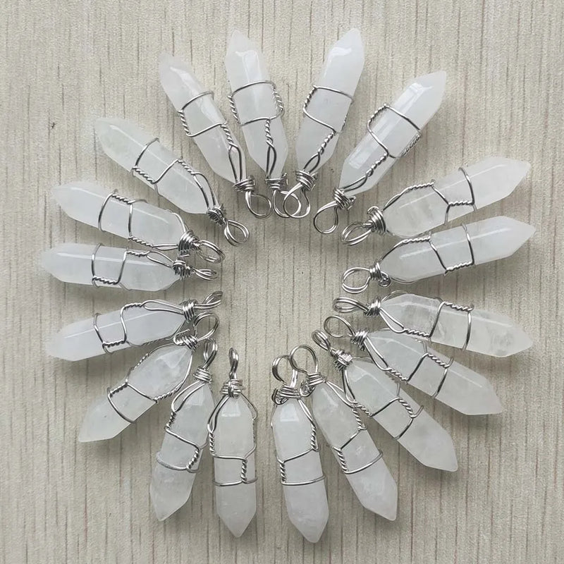 24pcs Natural Crystal Pillar Point Wire Pendants for Jewelry Making
