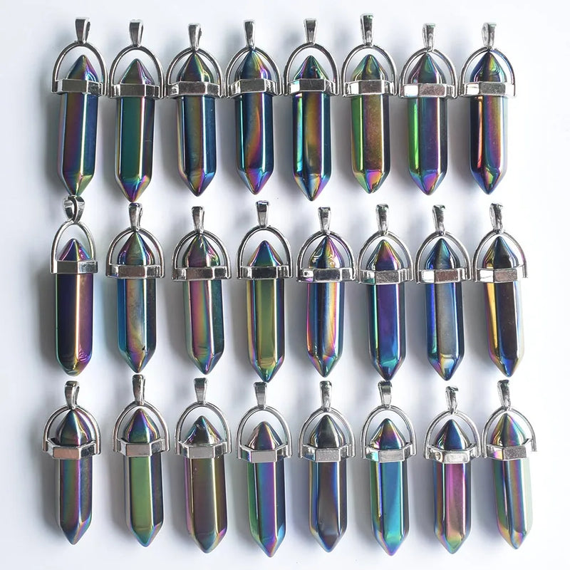 24pcs Colorful Natural Stone Pillar Point Charms Pendants for Necklace Making