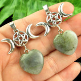 2Pcs Mixed Stone Heart Tibetan Silver Moon Star Pendant