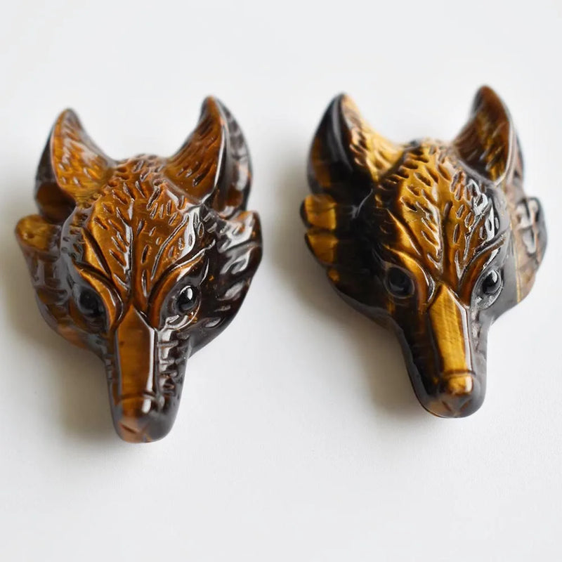 Natural Tiger Eye Stone Carved Wolf Head Pendants, 2pcs
