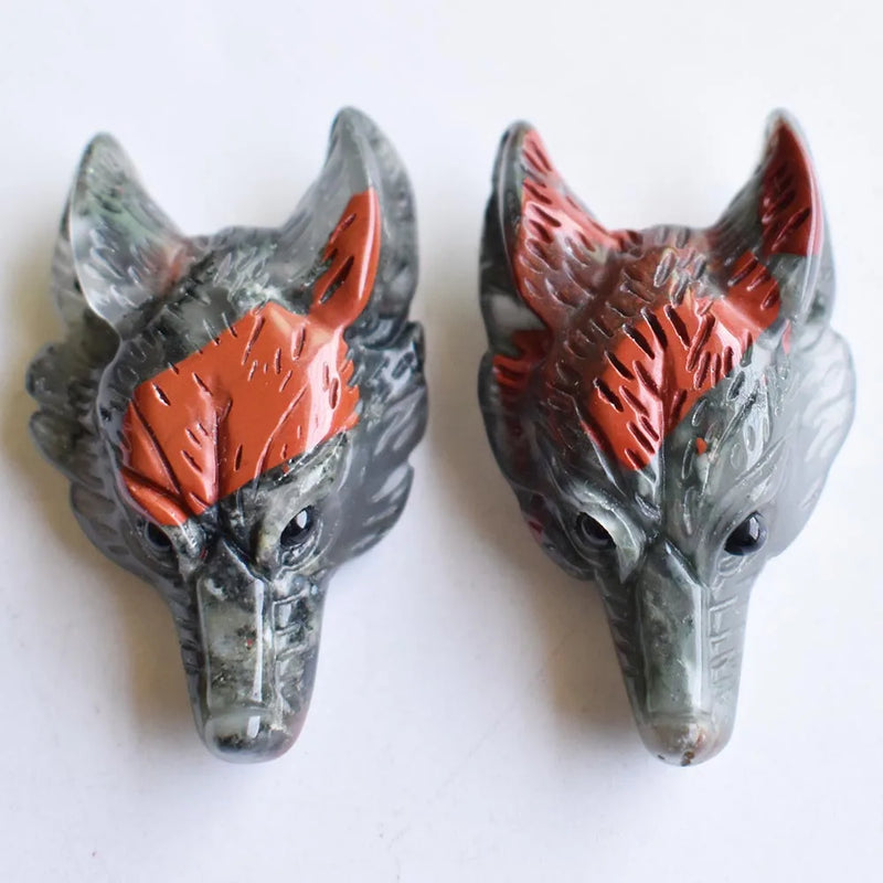 2pcs Bloodstone Carved Wolf Head Pendants for Necklace