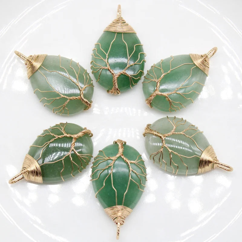 3 Natural Stone Aventurine Pendant Copper Tree of Life Wire Wrapped DIY Jewelry