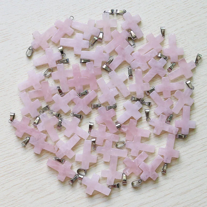 30Pcs Pink Rose Stone Cross Beads Pendants DIY Jewelry Making