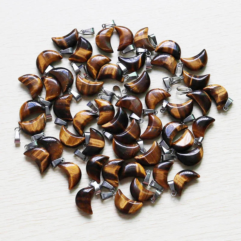 30Pcs Natural Tiger Eye Stone Moon Beads Pendants for Women