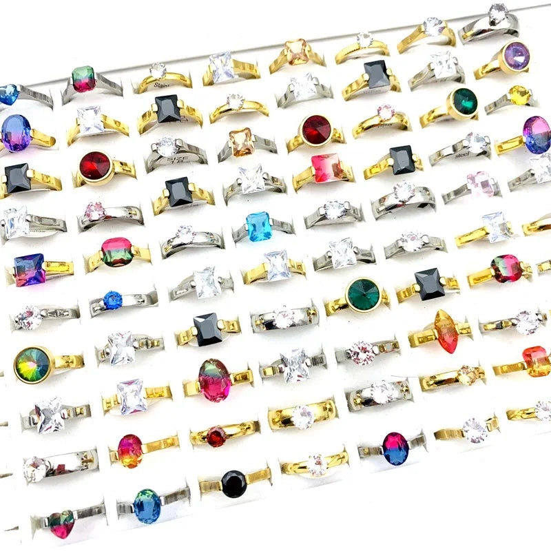 30pcs Stainless Steel Rings Zircon Wedding Bands