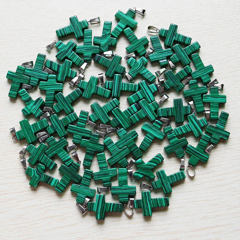 30pcs Malachite Stone Cross Beads Pendants for DIY Necklace Jewelry Making
