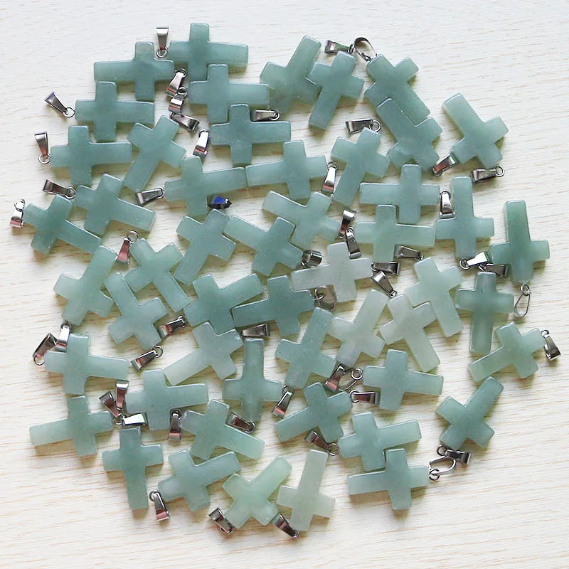30pcs Aventurine Quartz Cross Beads Pendant Women DIY Jewelry Making