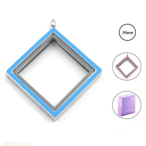 316L SS 30MM Blue/Pink Enamel Square Floating Locket Glass Memory Pendant
