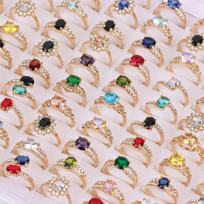36Pcs Colorful Rhinestone Rings Mix Style Wedding Jewelry 16-19mm