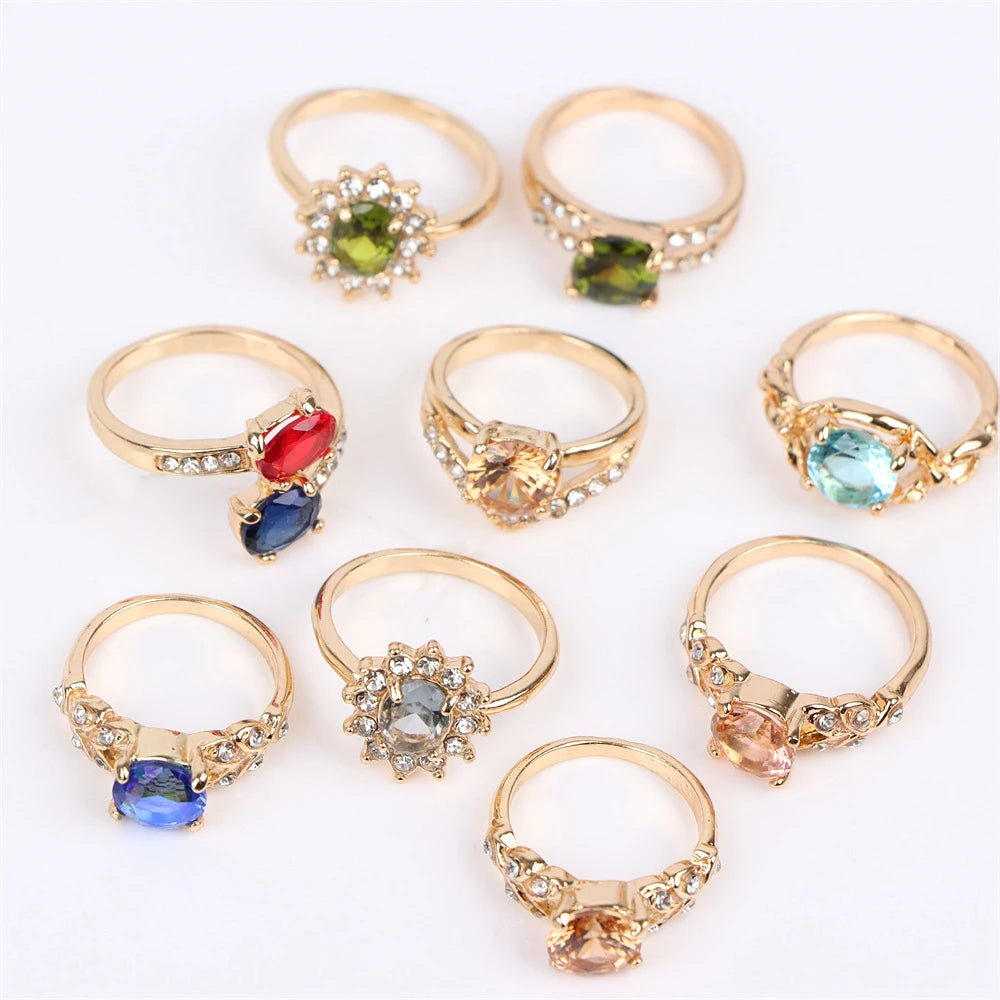 36Pcs Colorful Rhinestone Rings Mix Style Wedding Jewelry 16-19mm