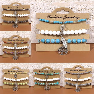 3Pcs/Set Tree Of Life Bracelets 8mm Beads Feather Charm Yoga Men Women
