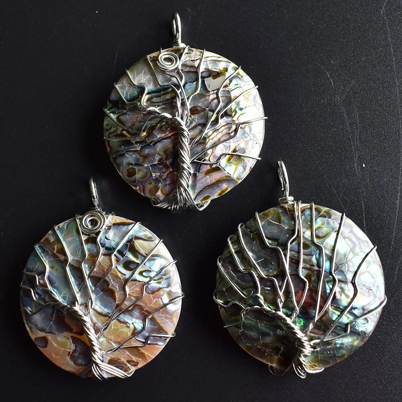 Wire Wrap Abalone Shell Tree of Life Round Pendant 3pcs/lot