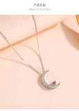 Pink CZ Moon Pendant Necklace for Women Wedding Jewelry Gift
