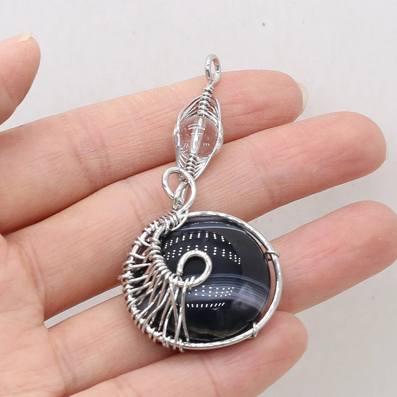 4PCS Round Striped Agate Stone Silver Pendant DIY Necklace Charms