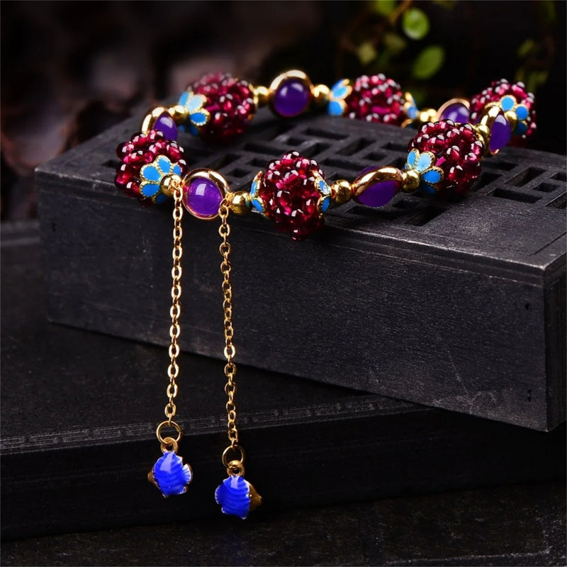 4mm Garnet Bracelet Women's Wine Red Inlaid Amethyst Jewelry Ethnic Retro Charm