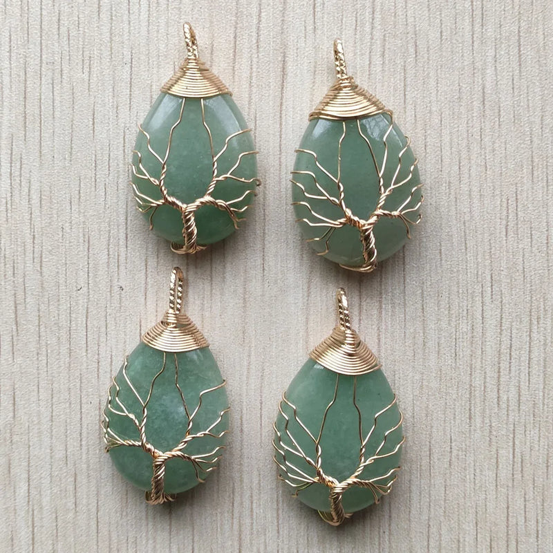 Wire Wrap Green Aventurine Tree of Life Pendant (4pcs)