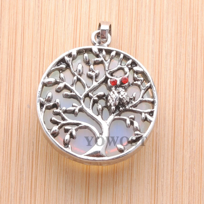 4pcs Natural Stone Opal Dangle Pendants Tree of Life Round Beads
