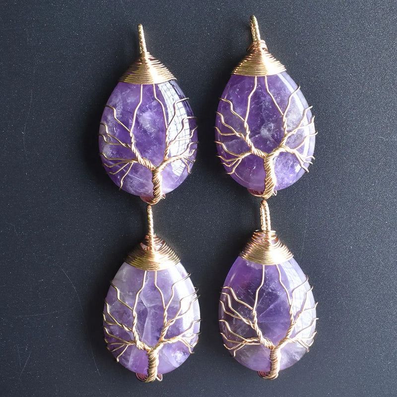 4pcs natural purple crystal tree of life wire wrapped drop Pendants